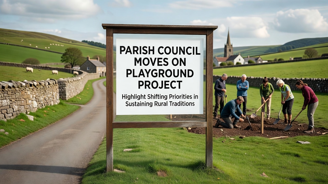 Children and families using a rural playground space similar to the proposed Troutbeck design, with open fields and traditional equipment in the background