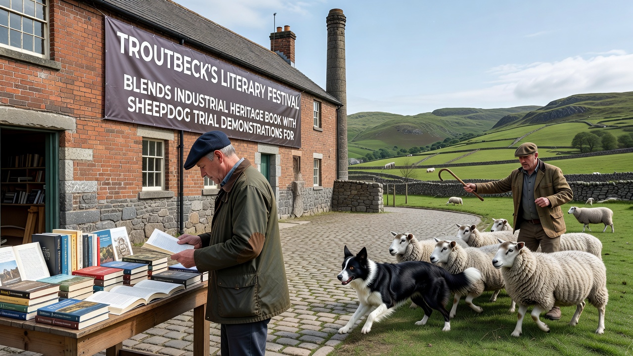 Sheepdog trial demonstration at Troutbeck festival with community members observing alongside heritage book exhibits